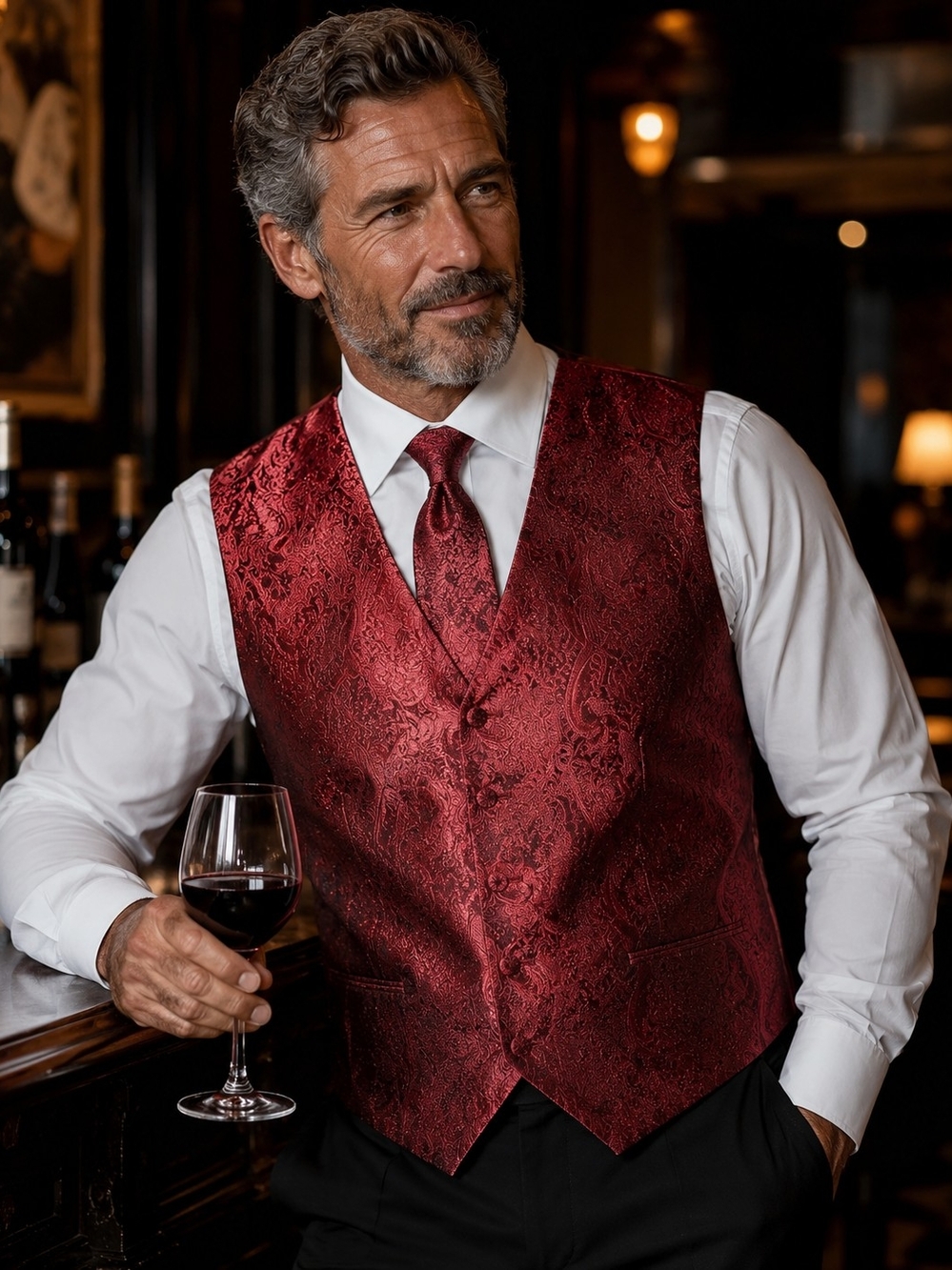 Mens Red Paisley Formal Vest and Tie Set - Classic Evening Wear